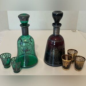 2 Vintage Decanters Green/Amethyst With Silver Overlay 5 Cordial Glasses